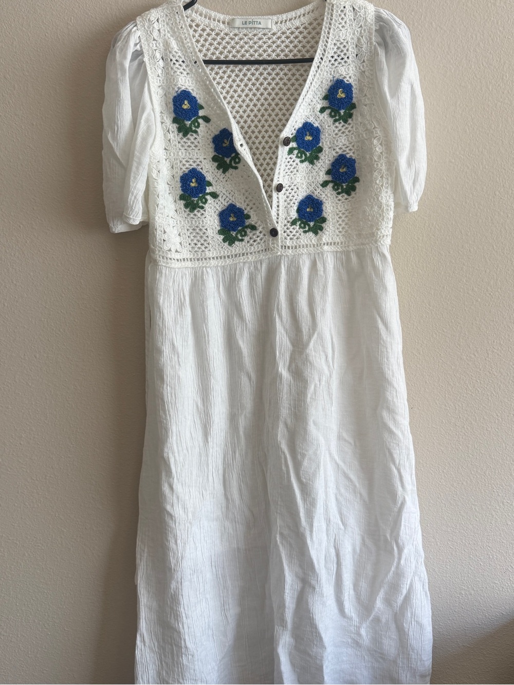 Le Pitta White Maxi Dress with Blue Floral Embroidery